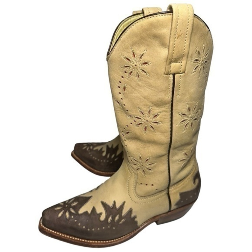 Loblan Women’s Size 7 Tan Brown Pointed Toe Leather Decorative Cowboy Boots